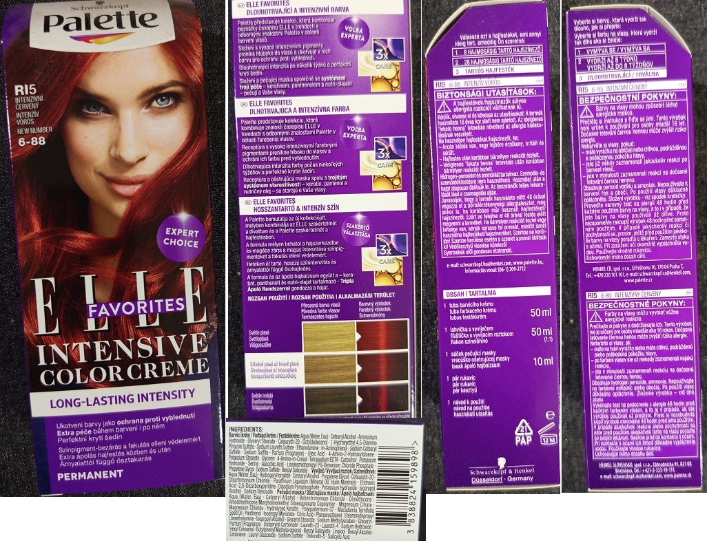 Barva na vlasy Schwarzkopf, Palette, INTENSIVE COLOR CREME, ELLE FAVORITES, RI5 INTENZIVNÍ ČERVENÝ 6-88: Fotografie