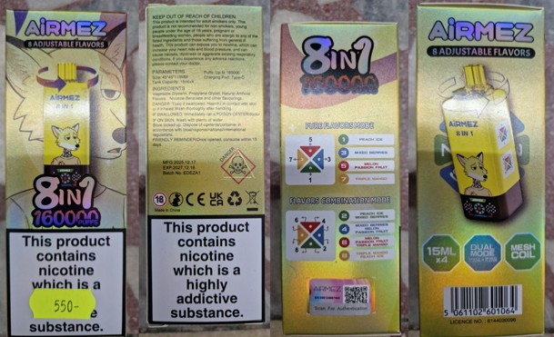 Jednorázová elektronická cigareta zn. AIRMEZ, 8in1, 160000 PUFFS, objem: 15 ml x 4: Fotografie č. 3